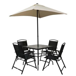 Sanico Zestaw mebli jadalnianych STEFAN z parasolem czarny/beżowy 6-częściowy